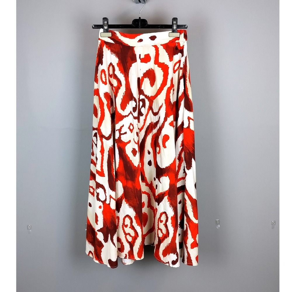 Italian‎ Dixie Cotton Ikat Abstract Print Maxi Skirt Sz Small Red Cream Pockets
